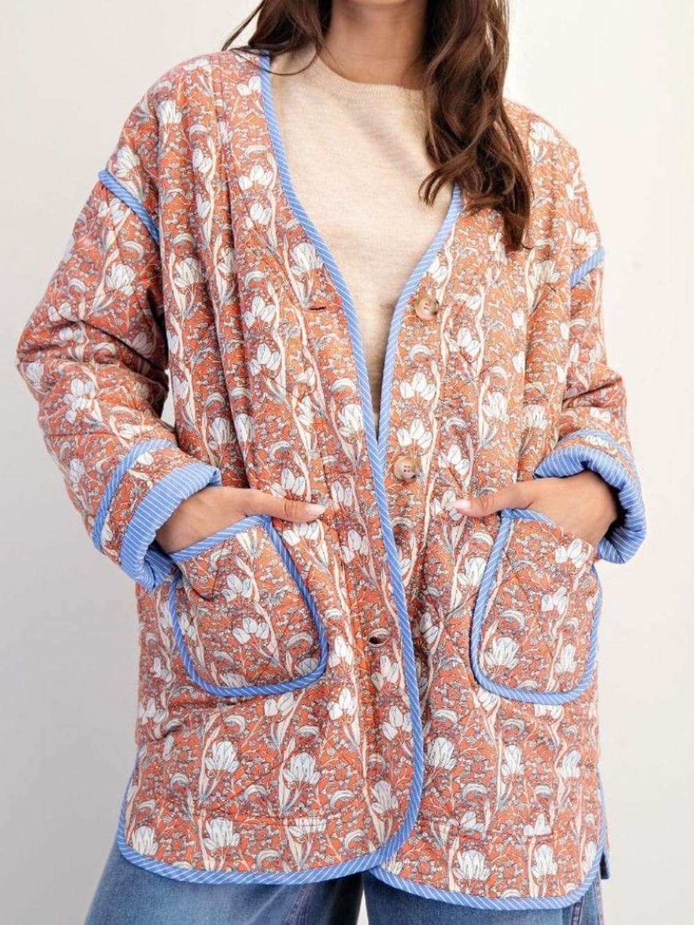 Easel Quilted Cotton Jacket Terracotta Botanical Floral Blue Striped